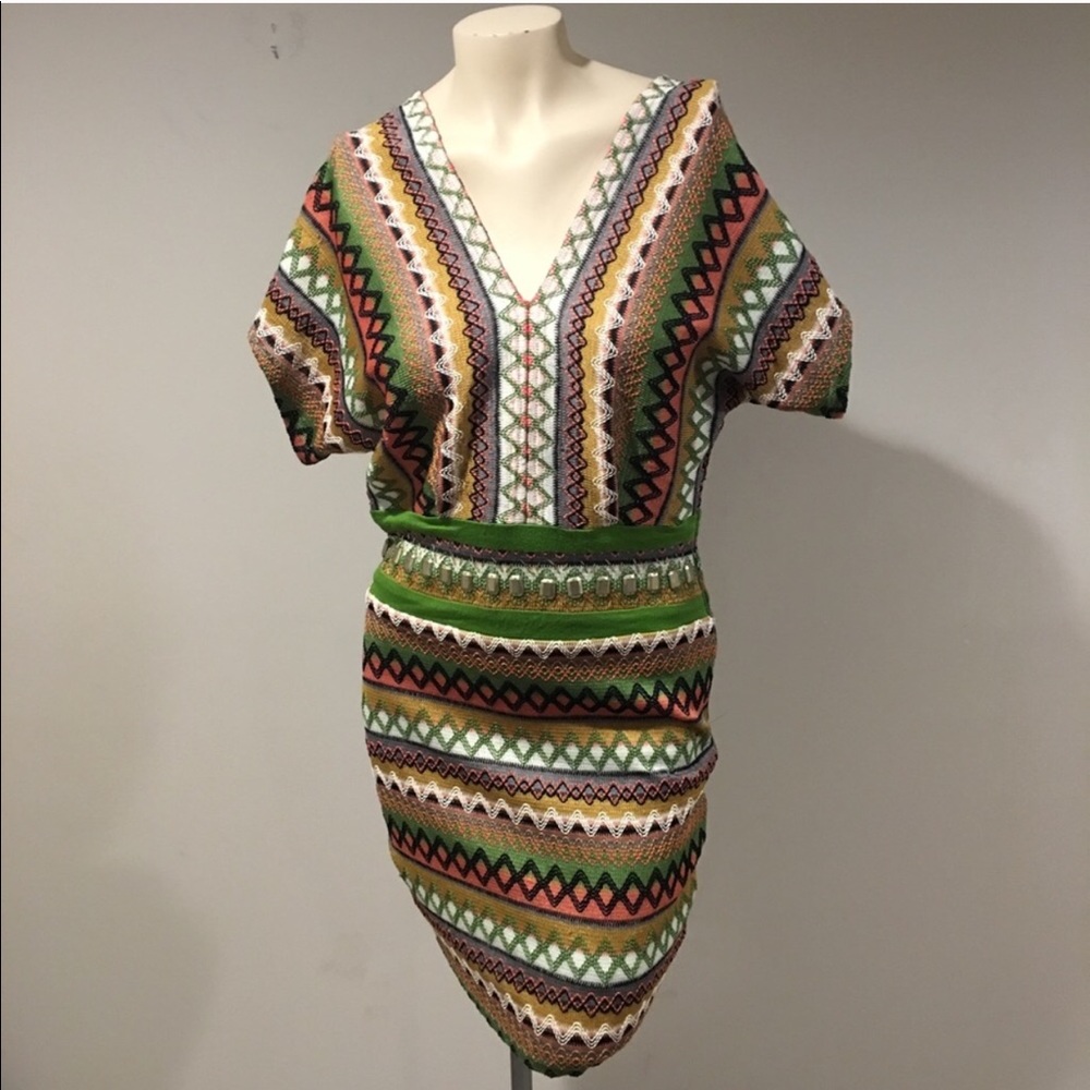 Black V-Neck Knit Minidress Multicolor Medium